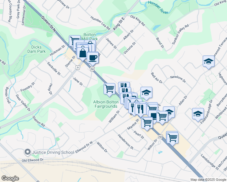 map of restaurants, bars, coffee shops, grocery stores, and more near 148 Queen Street South in Caledon