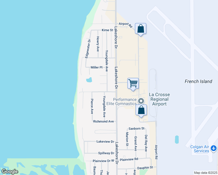 map of restaurants, bars, coffee shops, grocery stores, and more near 3005 Lakeshore Drive in La Crosse
