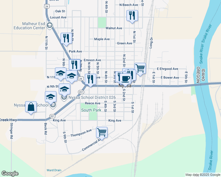 map of restaurants, bars, coffee shops, grocery stores, and more near 313 Main St in Nyssa