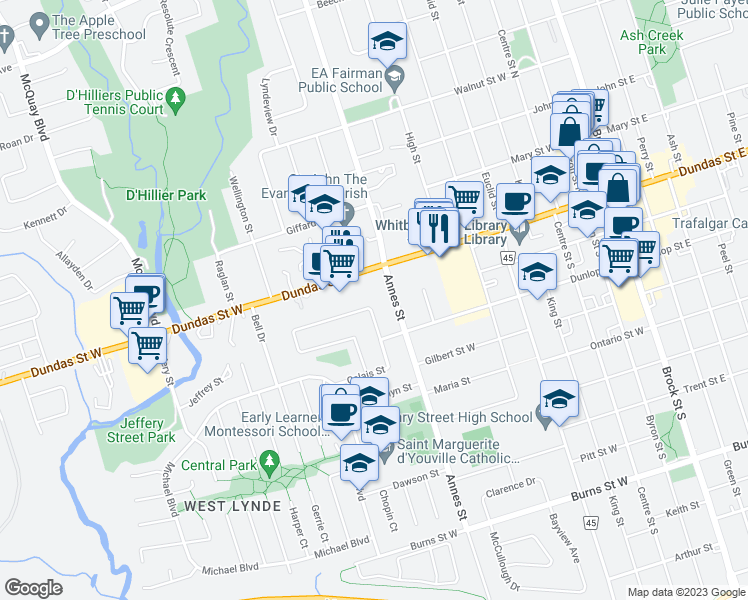 map of restaurants, bars, coffee shops, grocery stores, and more near 55 Calais Street in Whitby