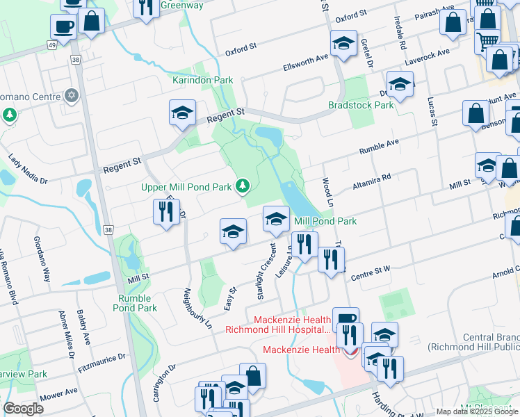 map of restaurants, bars, coffee shops, grocery stores, and more near 371 Sugar Maple Lane in Richmond Hill