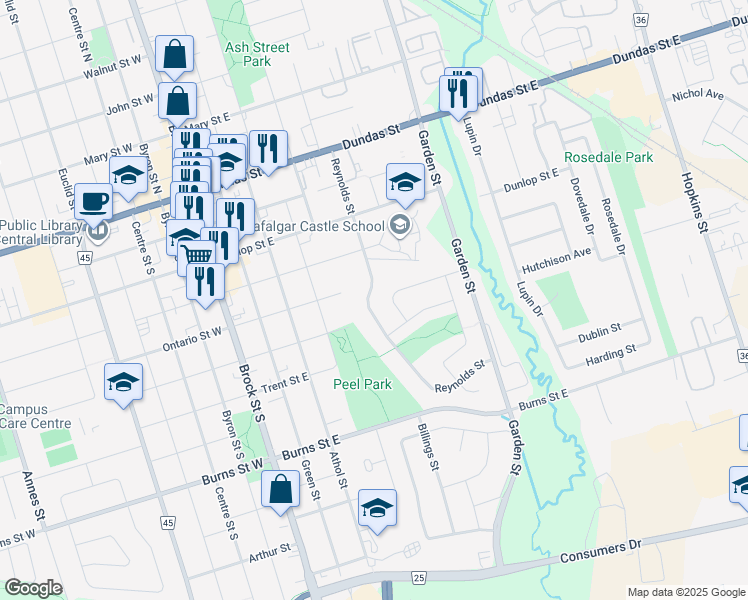 map of restaurants, bars, coffee shops, grocery stores, and more near 507 Reynolds Street in Whitby