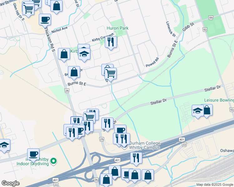 map of restaurants, bars, coffee shops, grocery stores, and more near 11 Mount Pleasant Avenue in Whitby