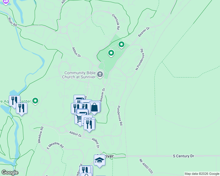 map of restaurants, bars, coffee shops, grocery stores, and more near 57167 Killdeer Lane in Sunriver