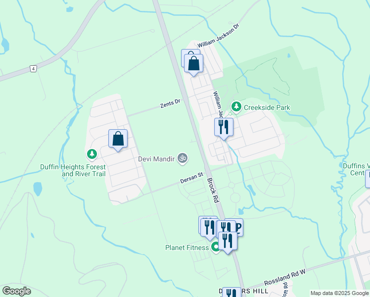 map of restaurants, bars, coffee shops, grocery stores, and more near 2620 Brock Road in Pickering