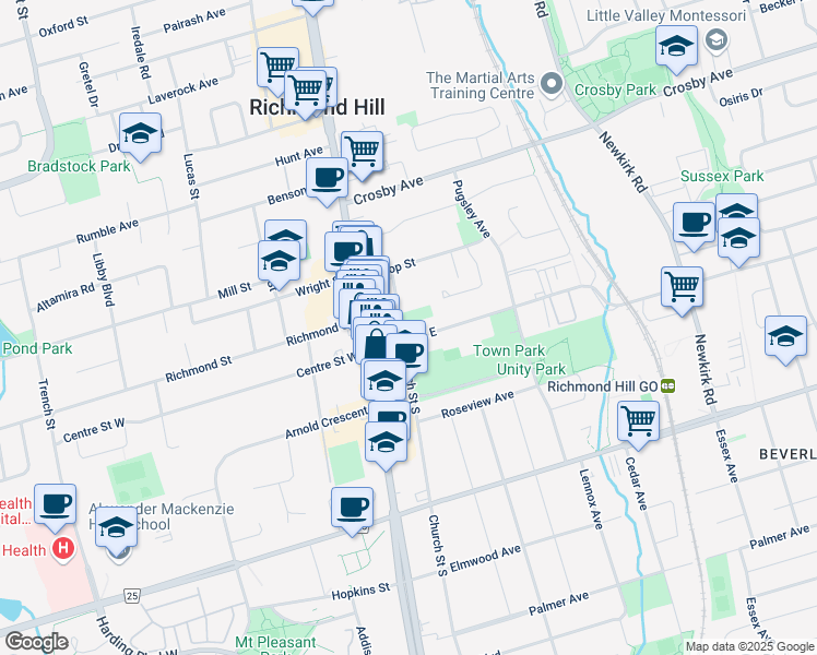 map of restaurants, bars, coffee shops, grocery stores, and more near 9 Church Street North in Richmond Hill