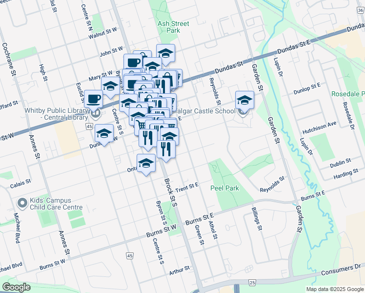 map of restaurants, bars, coffee shops, grocery stores, and more near 412 Athol Street in Whitby