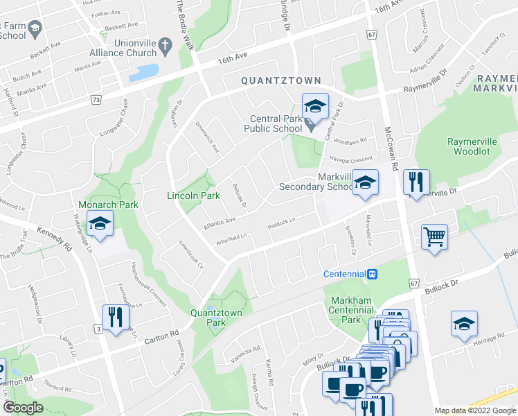 map of restaurants, bars, coffee shops, grocery stores, and more near Atlantic Avenue in Markham