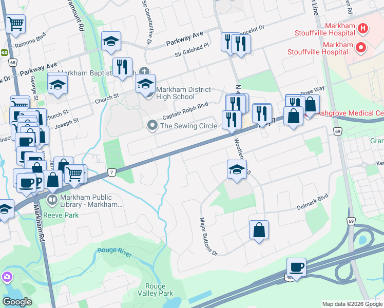 map of restaurants, bars, coffee shops, grocery stores, and more near 34 Captain Armstrong Lane in Markham