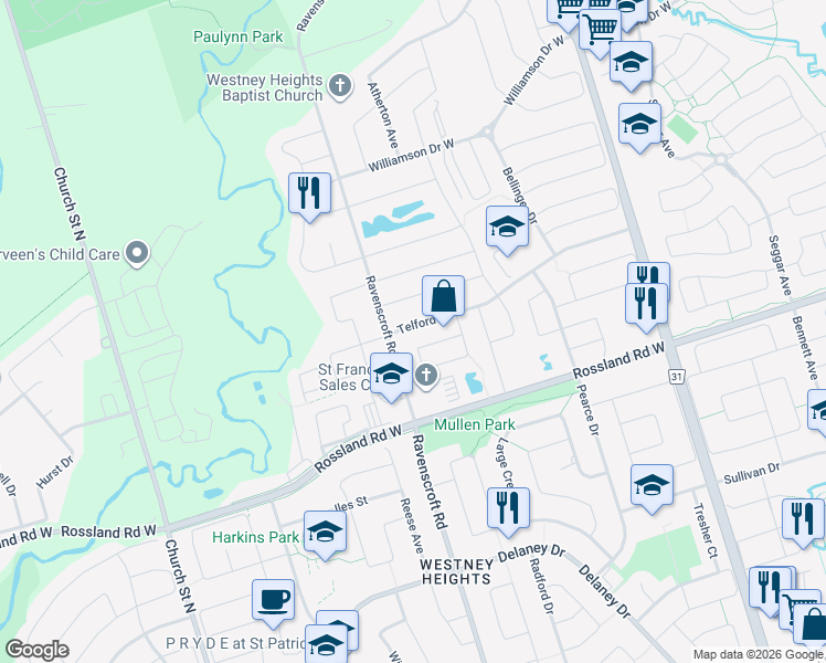 map of restaurants, bars, coffee shops, grocery stores, and more near 91 Telford Street in Ajax