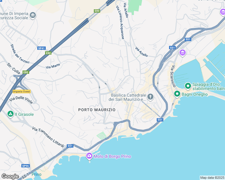 map of restaurants, bars, coffee shops, grocery stores, and more near 152 Via Martiri della Libertà in Imperia