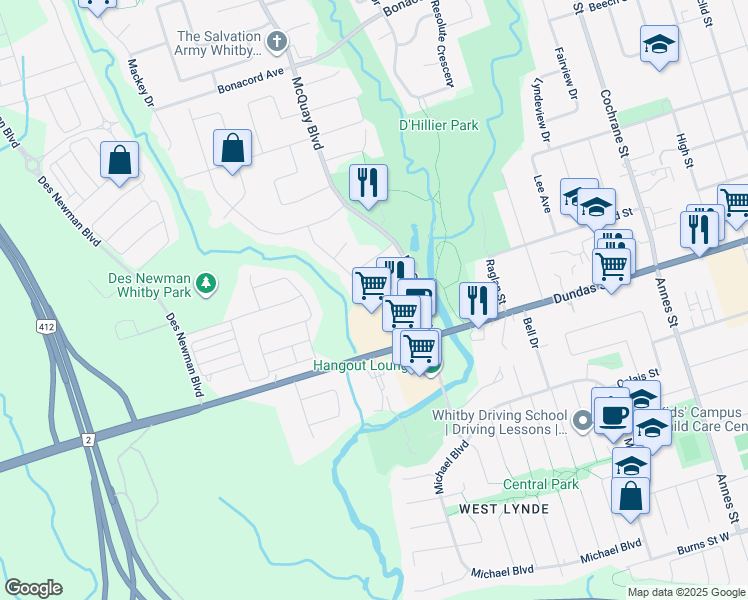 map of restaurants, bars, coffee shops, grocery stores, and more near 31 Allayden Drive in Whitby
