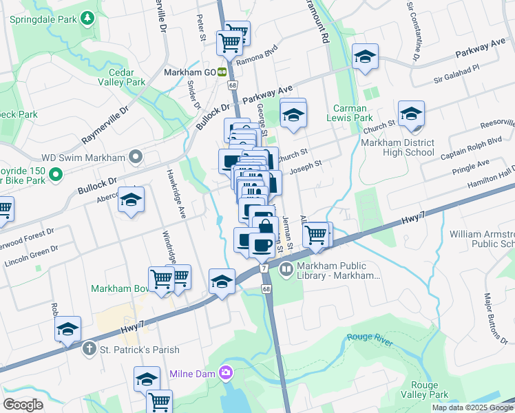 map of restaurants, bars, coffee shops, grocery stores, and more near 69 Main Street Markham North in Markham