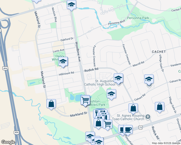 map of restaurants, bars, coffee shops, grocery stores, and more near 85 Dalt Hicks Way in Markham
