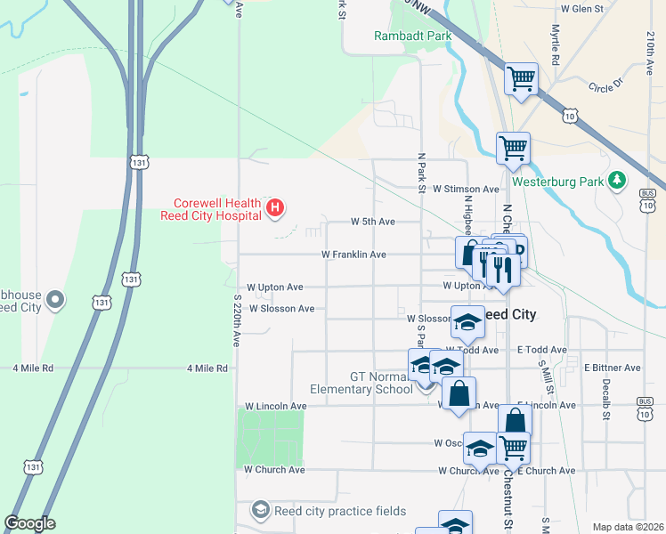 map of restaurants, bars, coffee shops, grocery stores, and more near 112 North State Street in Reed City