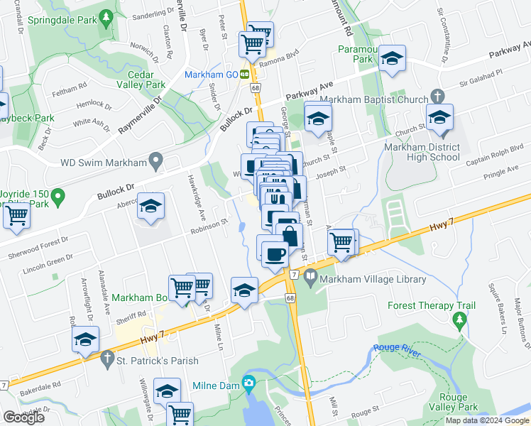 map of restaurants, bars, coffee shops, grocery stores, and more near in Markham