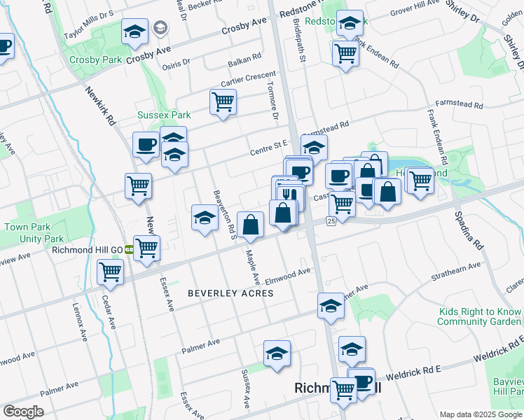 map of restaurants, bars, coffee shops, grocery stores, and more near 416 Fernleigh Circle South in Richmond Hill