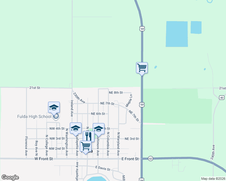 map of restaurants, bars, coffee shops, grocery stores, and more near 303 Northeast 8th Street in Fulda