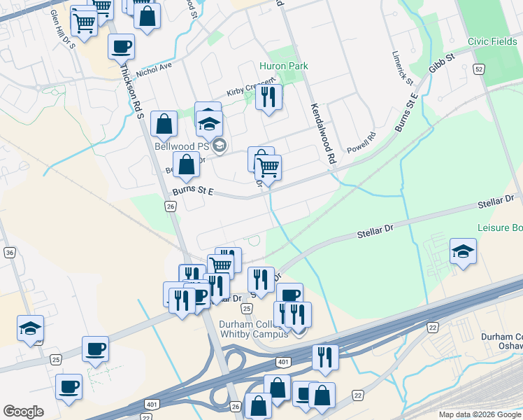map of restaurants, bars, coffee shops, grocery stores, and more near 4 Oceanpearl Crescent in Whitby