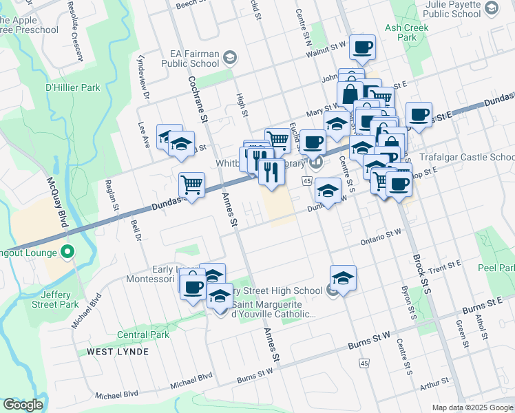 map of restaurants, bars, coffee shops, grocery stores, and more near 601 Dundas Street West in Whitby