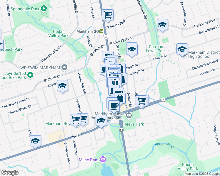 map of restaurants, bars, coffee shops, grocery stores, and more near in Markham