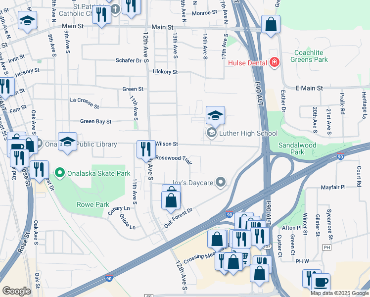 map of restaurants, bars, coffee shops, grocery stores, and more near 1303 Rosewood Trail in Onalaska