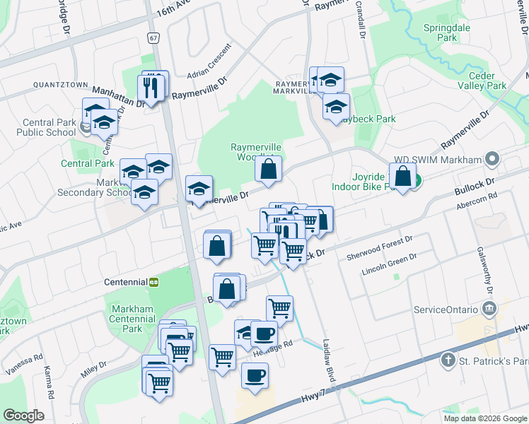map of restaurants, bars, coffee shops, grocery stores, and more near 31 Stargell Crescent in Markham