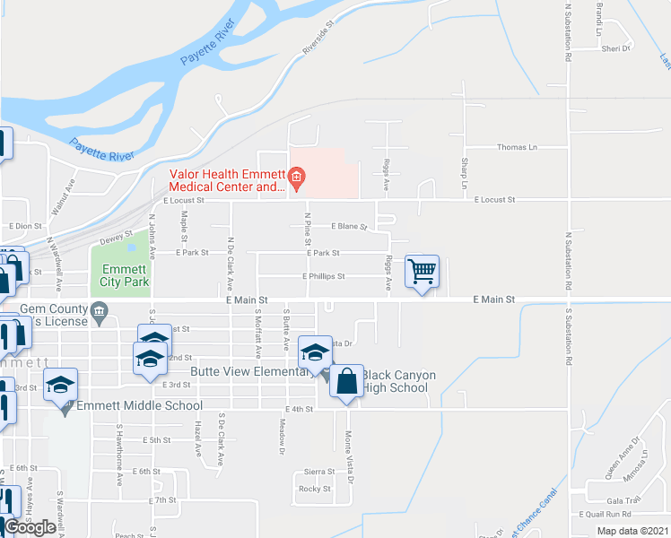 map of restaurants, bars, coffee shops, grocery stores, and more near 1310 East Phillips Street in Emmett