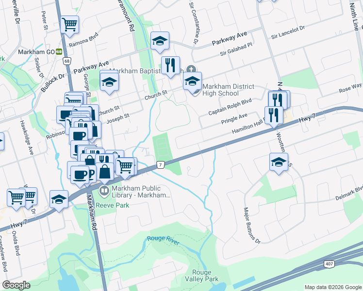 map of restaurants, bars, coffee shops, grocery stores, and more near 14 Pringle Avenue in Markham