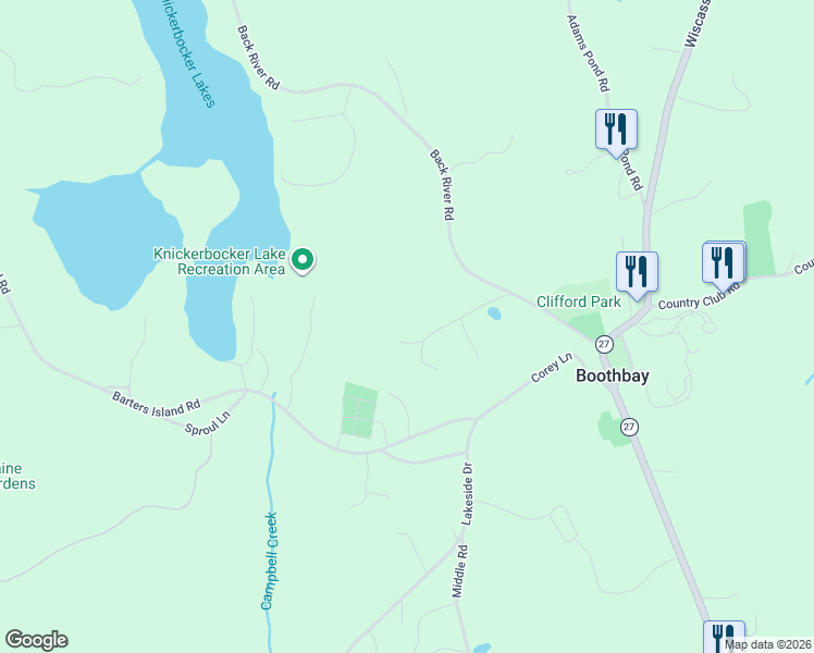 map of restaurants, bars, coffee shops, grocery stores, and more near 39 Shackleton's Way in Boothbay