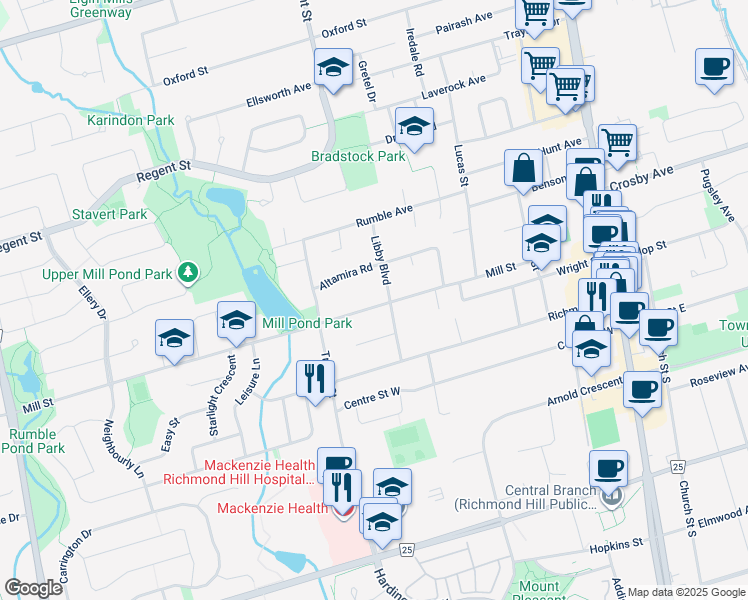 map of restaurants, bars, coffee shops, grocery stores, and more near 211 Mill Street in Richmond Hill