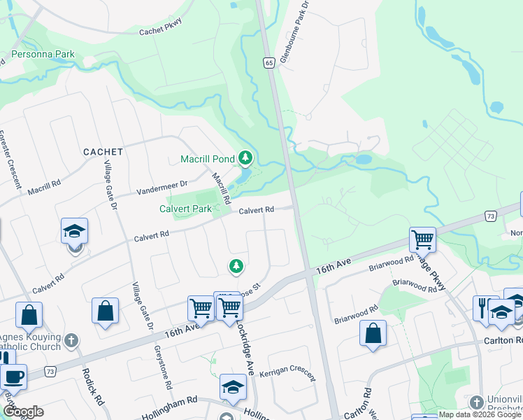 map of restaurants, bars, coffee shops, grocery stores, and more near 385 Calvert Road in Markham