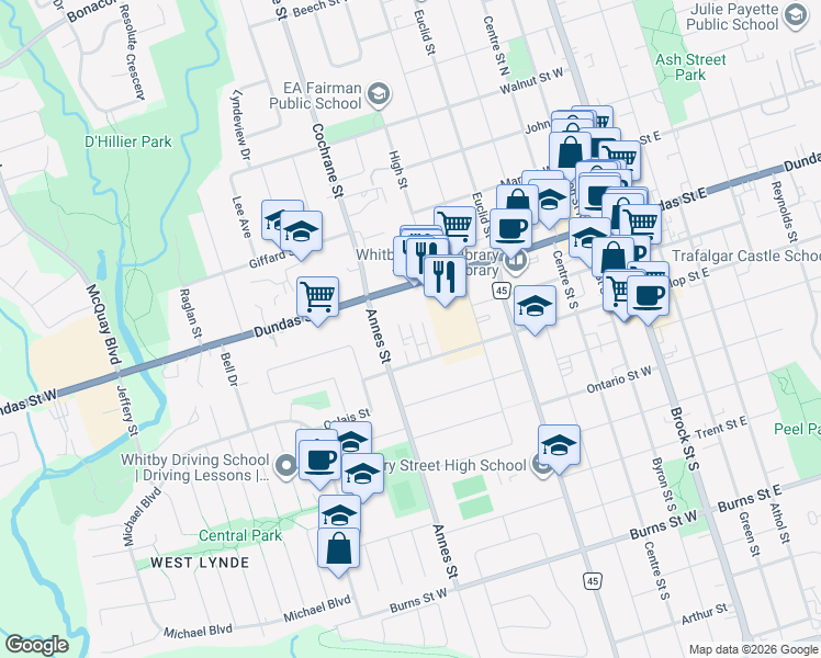 map of restaurants, bars, coffee shops, grocery stores, and more near 211 Reedaire Court in Whitby