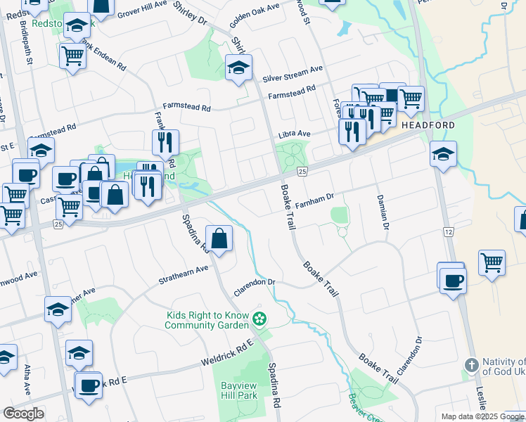 map of restaurants, bars, coffee shops, grocery stores, and more near 16 Brimwood Crescent in Richmond Hill