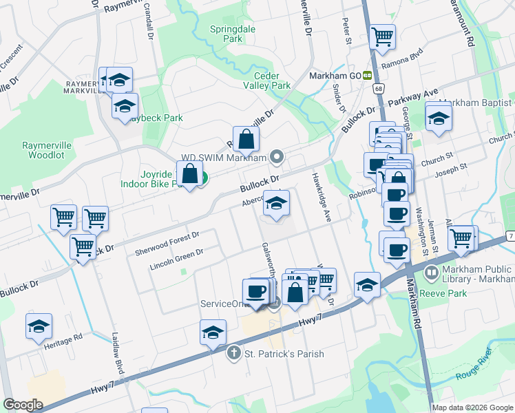 map of restaurants, bars, coffee shops, grocery stores, and more near in Markham