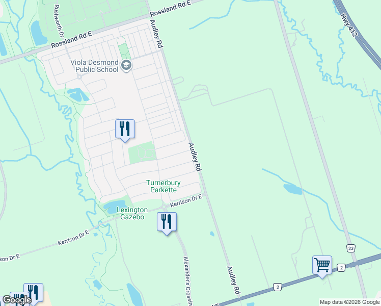 map of restaurants, bars, coffee shops, grocery stores, and more near 81 Bambridge Street in Ajax