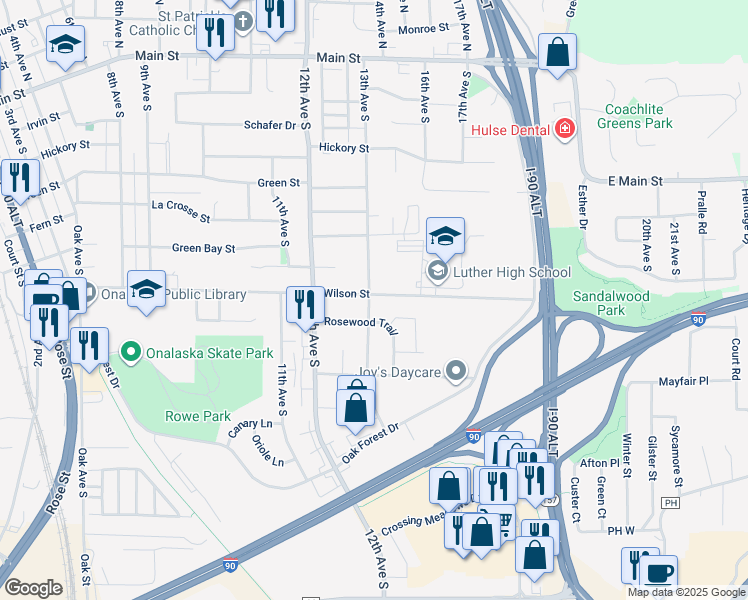 map of restaurants, bars, coffee shops, grocery stores, and more near 1303 Rosewood Trail in Onalaska
