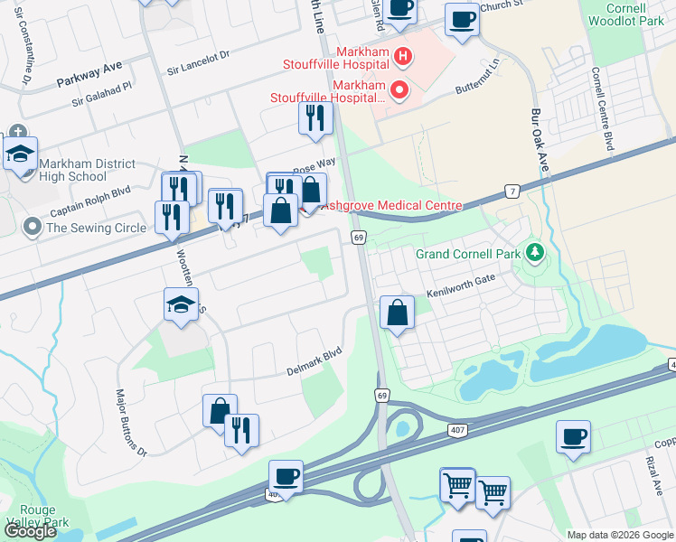 map of restaurants, bars, coffee shops, grocery stores, and more near 83 Senator Reesor's Drive in Markham