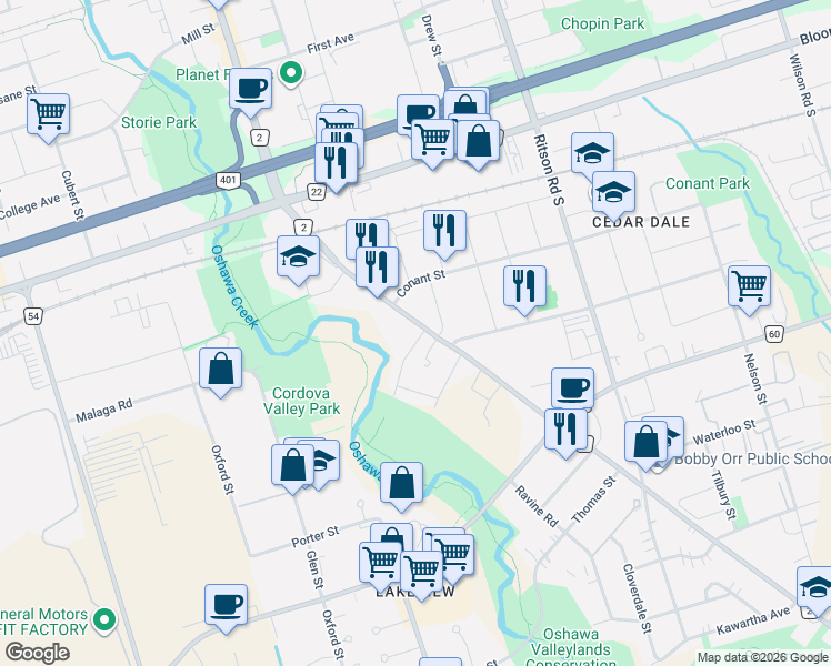 map of restaurants, bars, coffee shops, grocery stores, and more near 856 Simcoe Street South in Oshawa