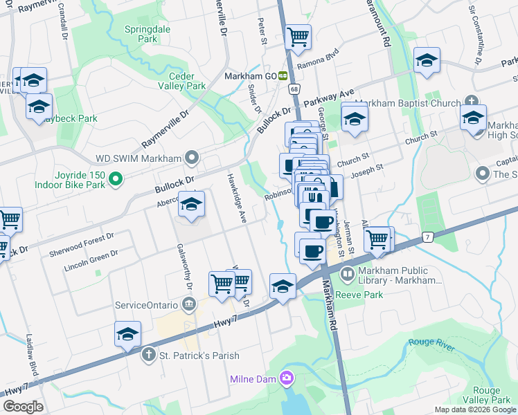 map of restaurants, bars, coffee shops, grocery stores, and more near 110 Robinson Street in Markham