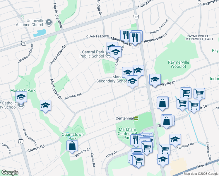 map of restaurants, bars, coffee shops, grocery stores, and more near 54 Central Park Drive in Markham
