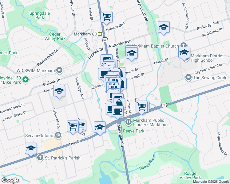 map of restaurants, bars, coffee shops, grocery stores, and more near 73 Main Street Markham North in Markham