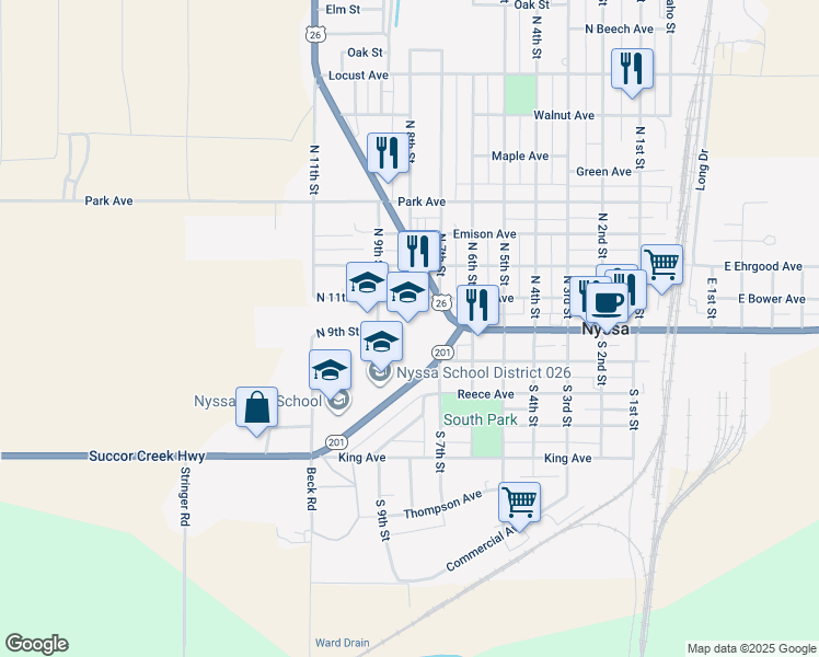 map of restaurants, bars, coffee shops, grocery stores, and more near 809 Bower Avenue in Nyssa