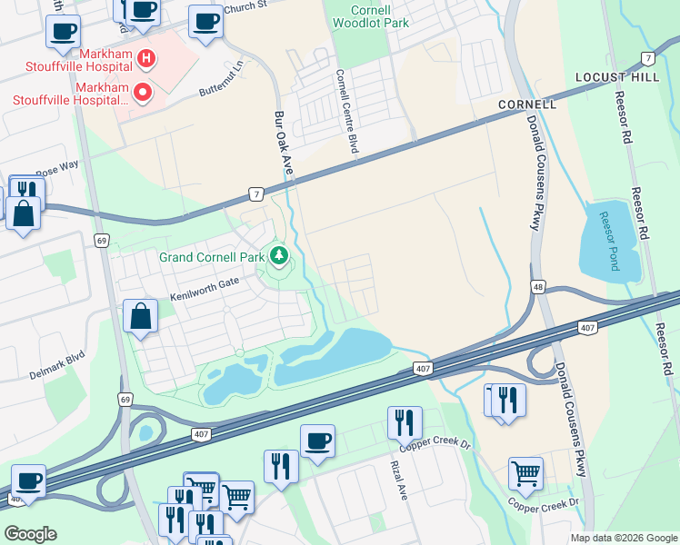 map of restaurants, bars, coffee shops, grocery stores, and more near in Markham