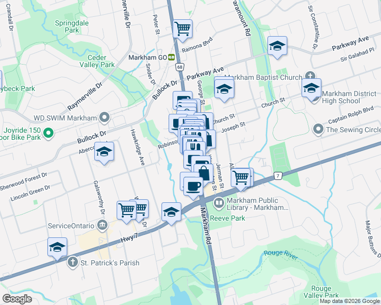 map of restaurants, bars, coffee shops, grocery stores, and more near 76 Main Street Markham North in Markham