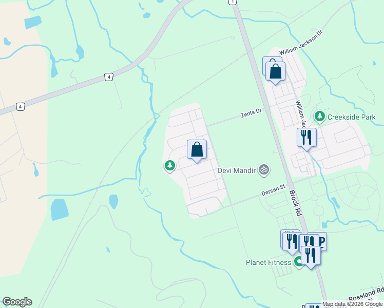 map of restaurants, bars, coffee shops, grocery stores, and more near 1510 Bruny Avenue in Pickering