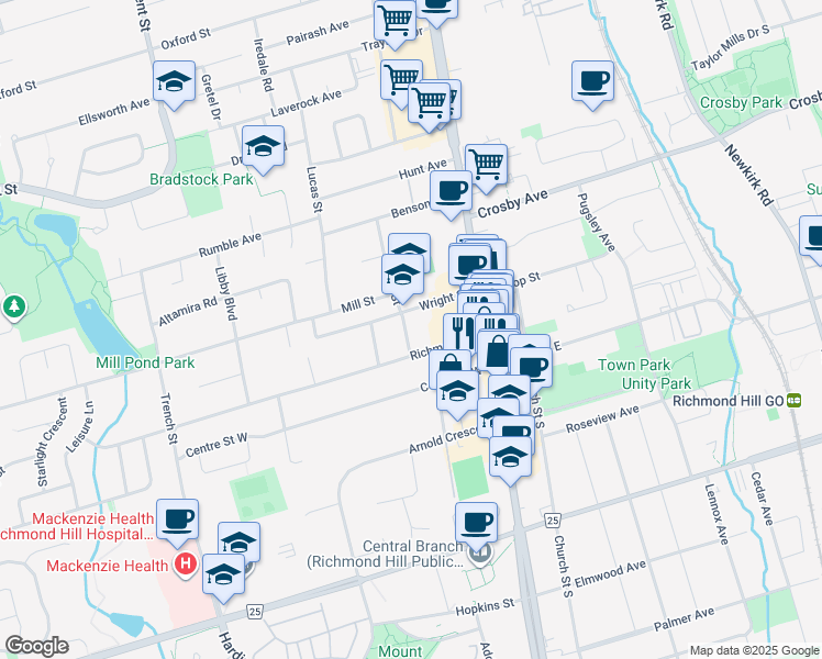 map of restaurants, bars, coffee shops, grocery stores, and more near 51 Hall Street in Richmond Hill