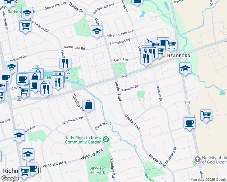 map of restaurants, bars, coffee shops, grocery stores, and more near 6 Brimwood Crescent in Richmond Hill