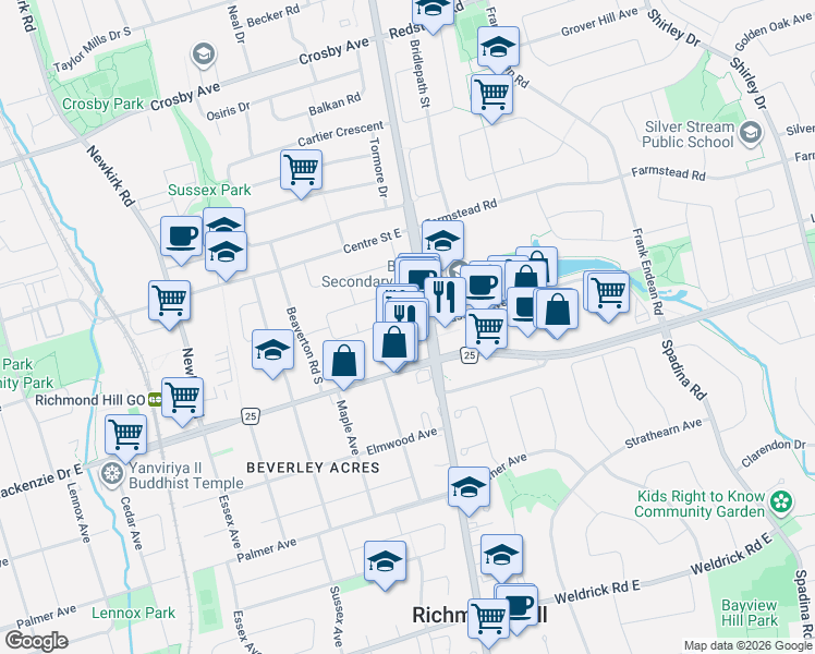 map of restaurants, bars, coffee shops, grocery stores, and more near 452 Fernleigh Circle South in Richmond Hill