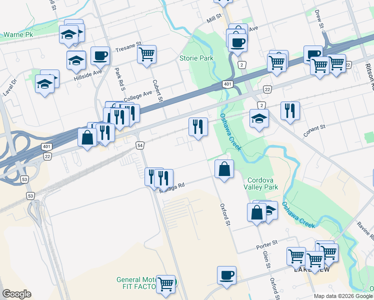 map of restaurants, bars, coffee shops, grocery stores, and more near 230 Cordova Road in Oshawa